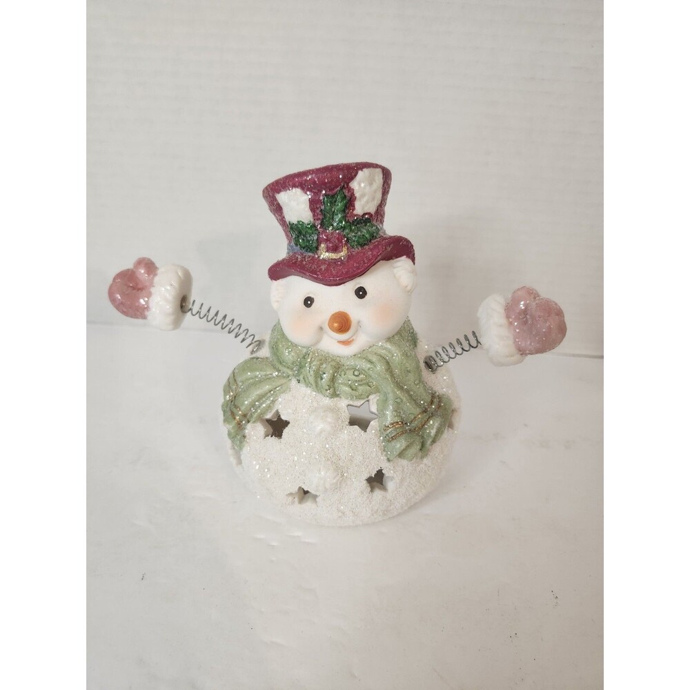 Vintage Mistletoe Moments 5" Snowman With Spring Arms Candle Holder